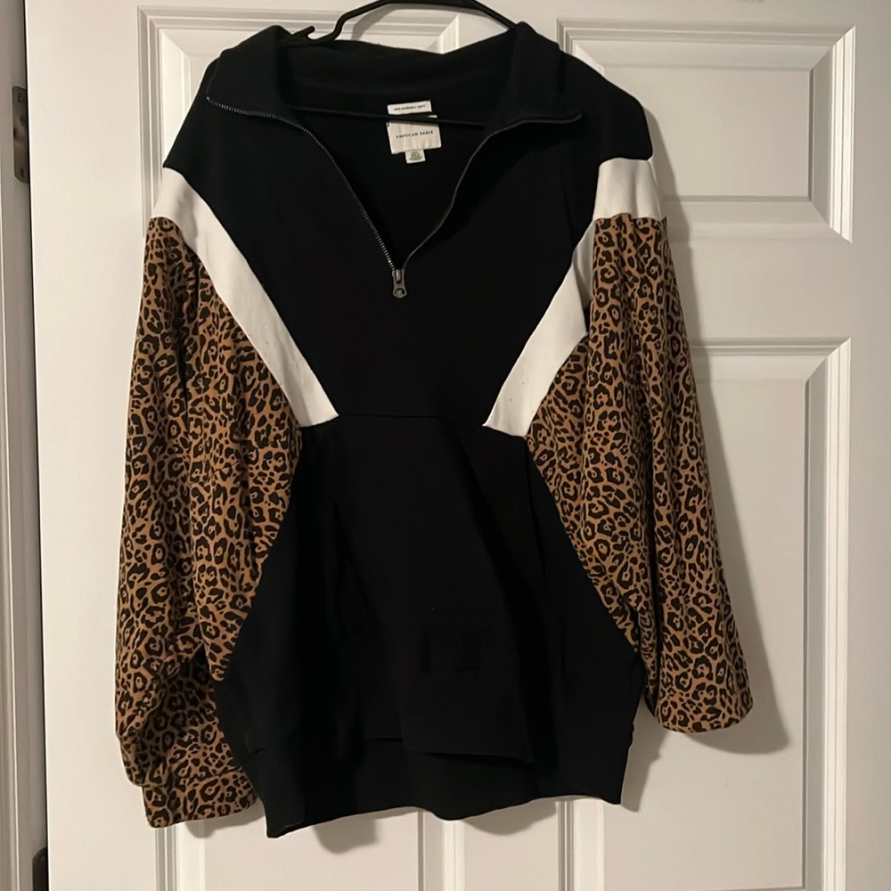 American Eagle half zip sweatshirt with leopard detail
